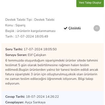 Çetinkaya Sipariş Teslimatı Ve İade Problemi