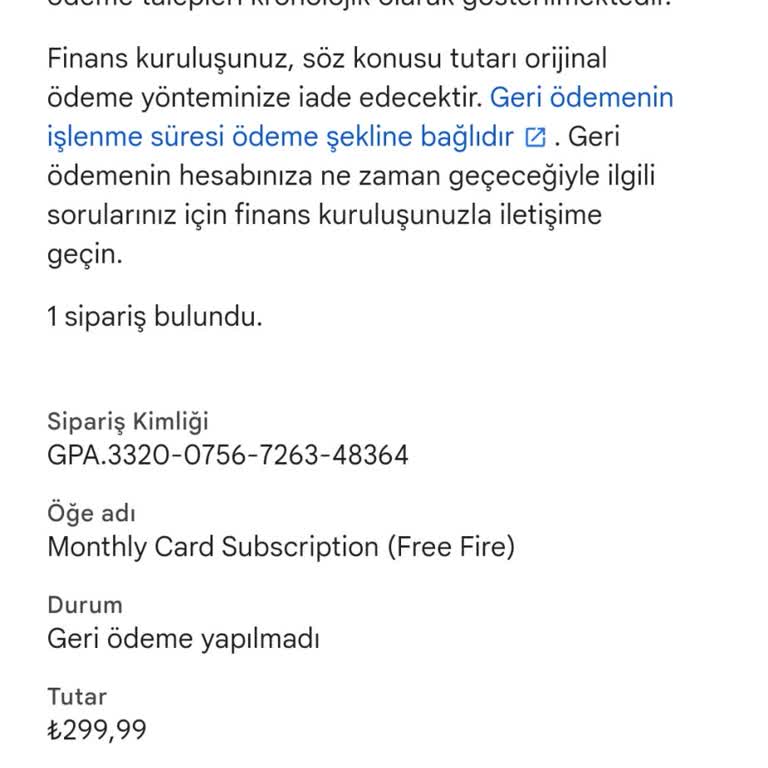 Garena Free Fire Harcama İadesi Yapılmadı