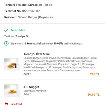 Trendyol Yemek Yanlış Sipariş Ve Eksik İade Sorunu