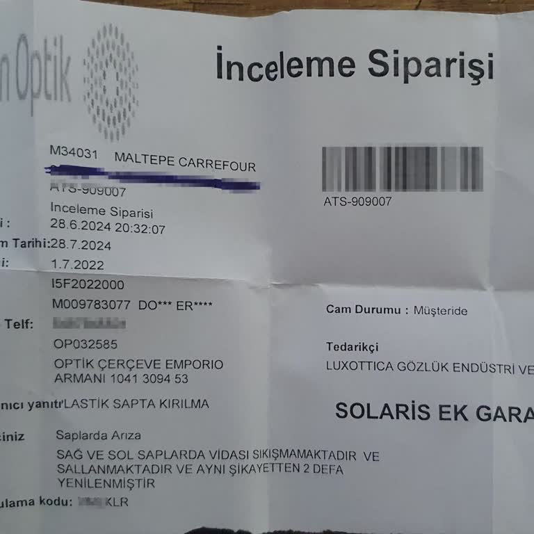 Atasun Optik Firması Emporio Armani Marka Gözlük Şikayeti Hk.