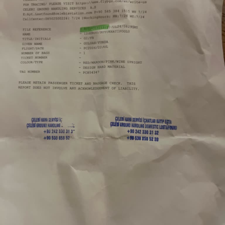 Pegasus Airlines Lost Baggage Compensation Request