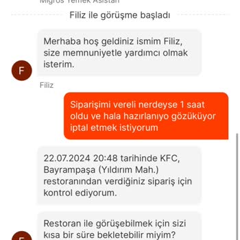 Migros Yemek KFC Siparişinin Gelmemesi Ve İptal Edilmemesi
