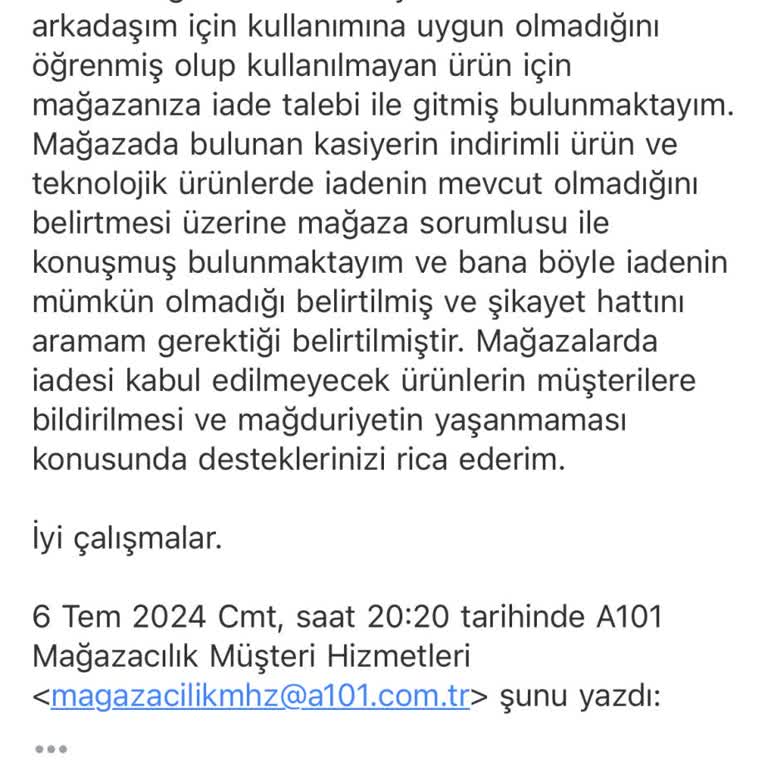 A101 İade Problemi Ve Çözüm Sürecinin Uzatılması