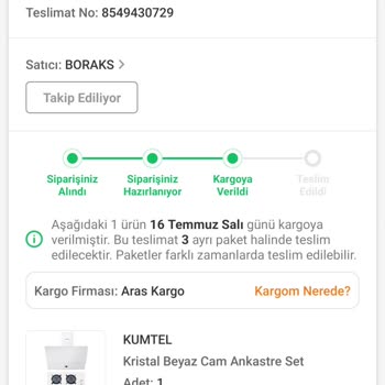 Boraks Dayanıklı Tüketim Malları Boraks Aras Kargo Trendyol Kargom Nerede?