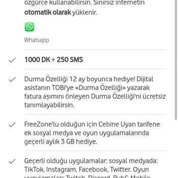 Vodafone Sınırsız WhatsApp'dan Tarife
