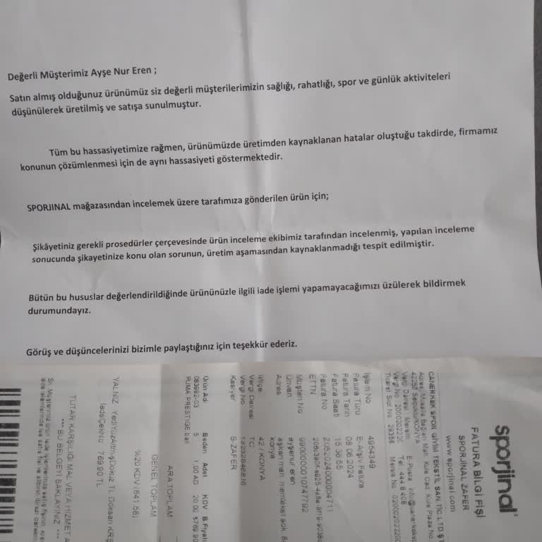 Sporjinal Hatalı Üründe İade Problemi Var