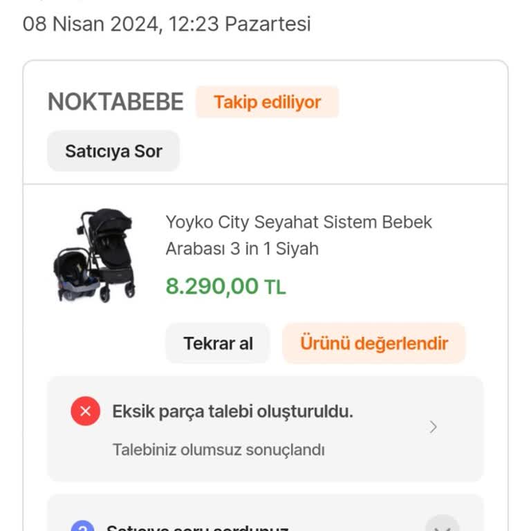 Hepsiburada Yoyko Bebek Arabasının Eksik Ürün Göndermesi