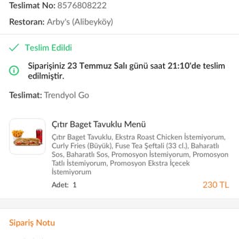 Arby's Bayat Sipariş Gönderimi