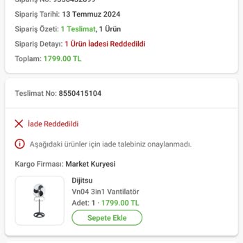 Trendyol Hızlı Market İade Reddetme Hk