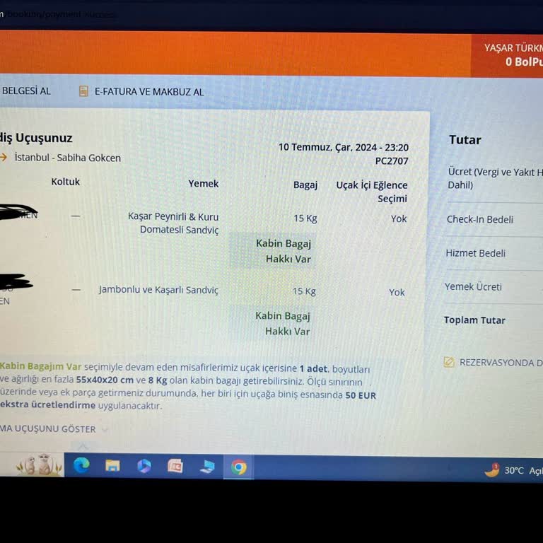 Pegasus Yemek Ücretini İade Etmiyor