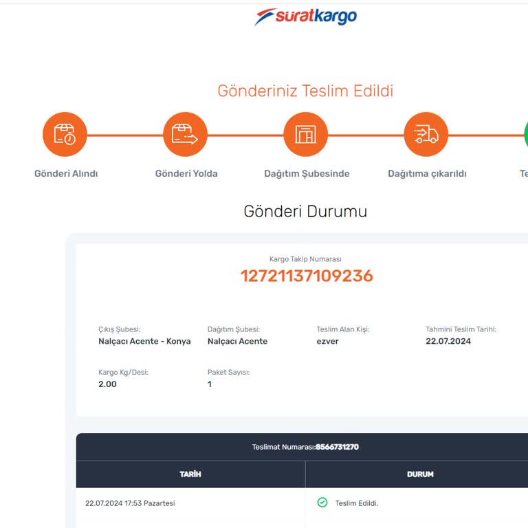 Sürat Kargo Teslim Etmediği Ürünü Teslim Edildi Olarak Gösteriyor
