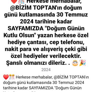 Bizim Toptan Market adı kullanılarak facebook üzerinde yapılan Kuruluş Sebebiyle Doğum Günü Hediye Kampanyası?