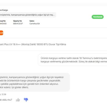 Hepsiburada Carrefour SA Klima Satışı Ve Ürününün Kargoya Verilmemesi