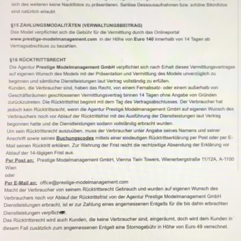Prestige Model Agentur Wien sehr unprofessionelle, Vertragsbetrug und Rückforderung meines Geldes