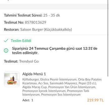 Saloon Burger Küçükbakkalköy Şubesi Eksik Ürün