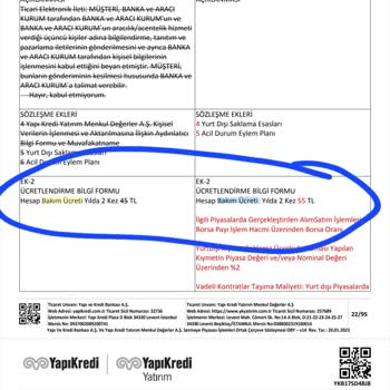 Yapı Kredi Bankası Yatırım Hesabı Bakım Ücreti