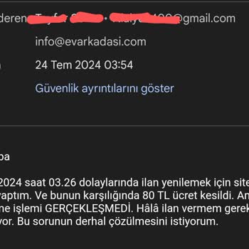Evarkadasi.com İlanı Yenilemek İçin 80 TL Para Çekiyorlar Ve İlanı Yenilemiyorlar!