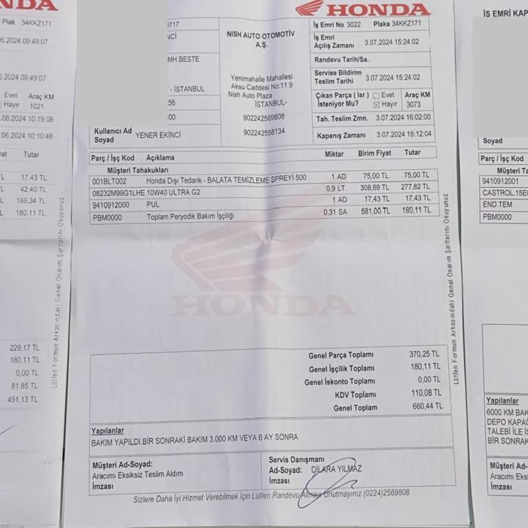 Honda Motosiklet Servis Bakım Ücretlendirme Fazlalığı