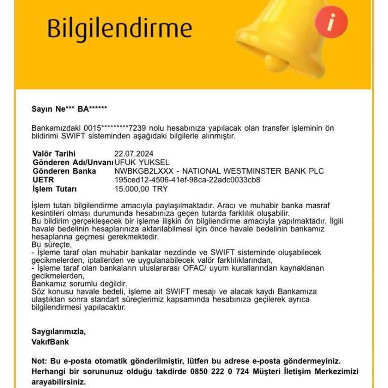 VakıfBank Hesabıma Gönderilen SWIFT Transfer Gerçekleşmiyor.