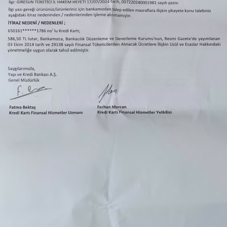 Yapı Kredi Bankası Tüketici Hakem Heyetinin Kararına Karşı Kart Aidatı Ücretini Ödememesi