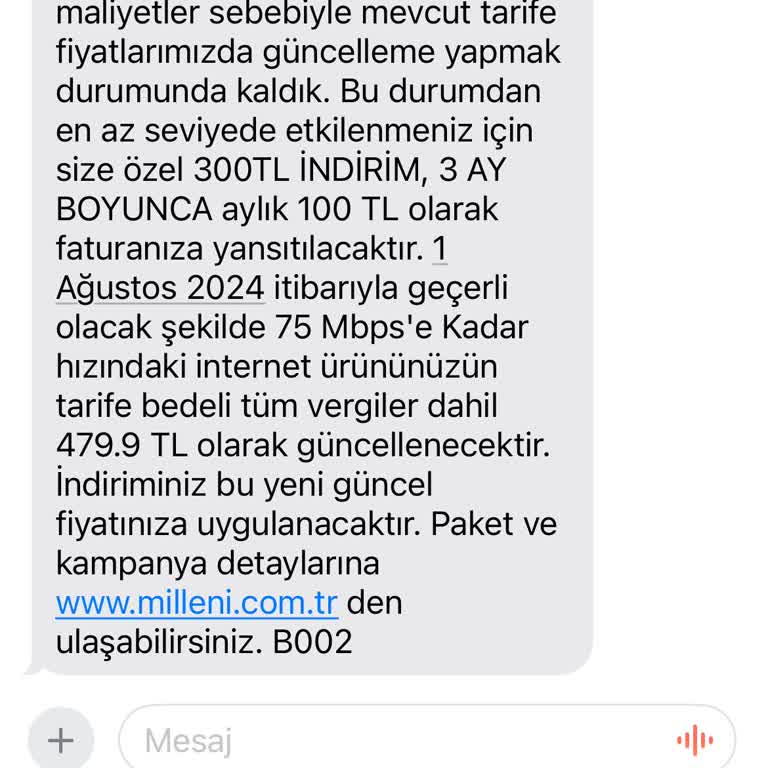 Millenicom Tarifeyi Kabul Etmiyorum