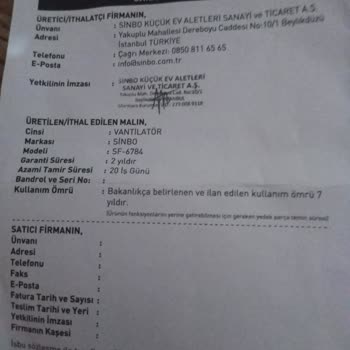 Sinbo Vantilatör Esinti Yapmıyor