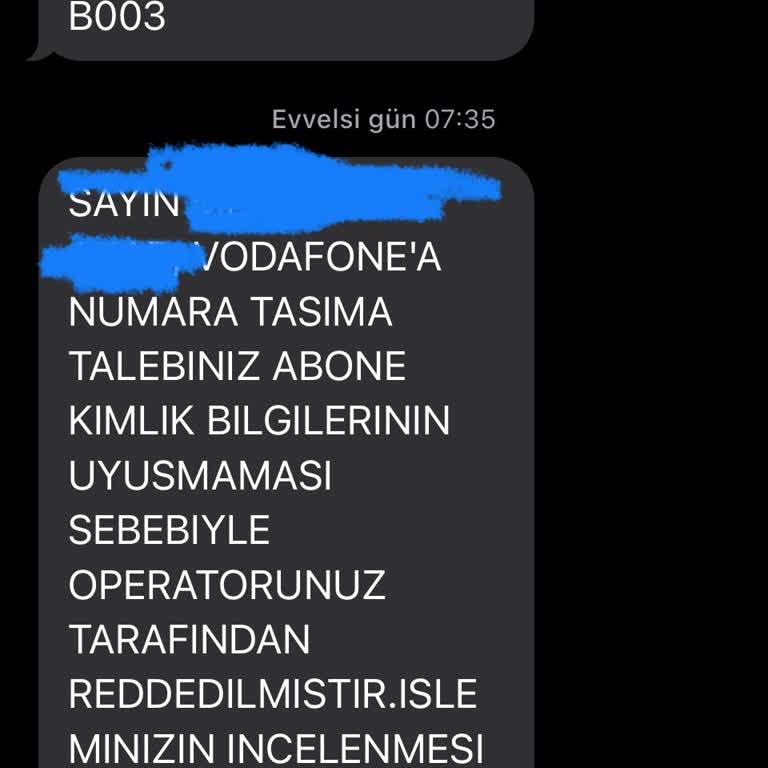 Vodafone Abone Kimlik Bilgilerinin Taşıma Talebi İle Uyuşmaması
