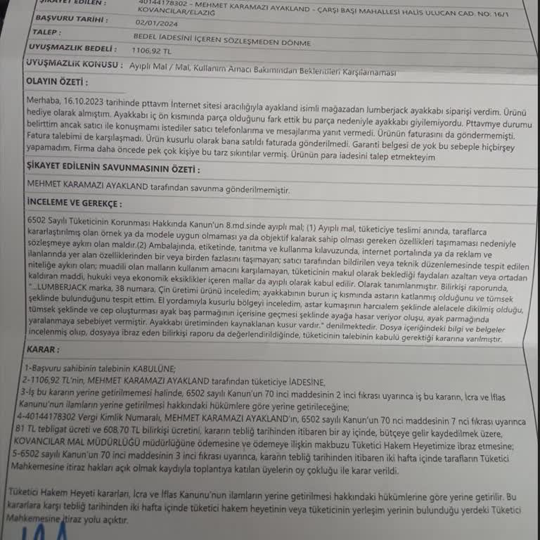 Ayakland Pişmanlığı Tüketici Hakem Heyeti Kararı