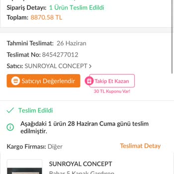 Sunroyal Concept Siparişimi Eksik Teslim Etti