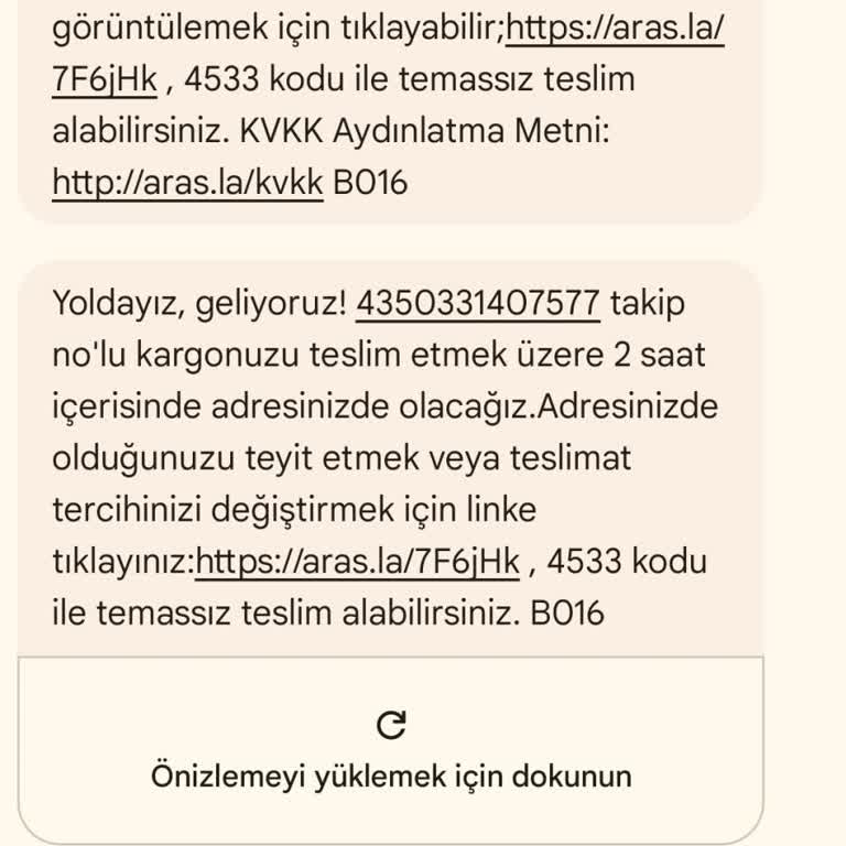 Aras Kargo Bilgi Mesajı Atmıyor.