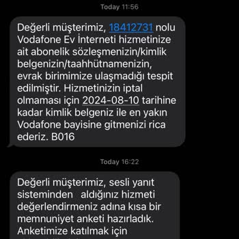 Vodafone Net Eksik Evrak-Hizmet Üyelik İptali Mesajı