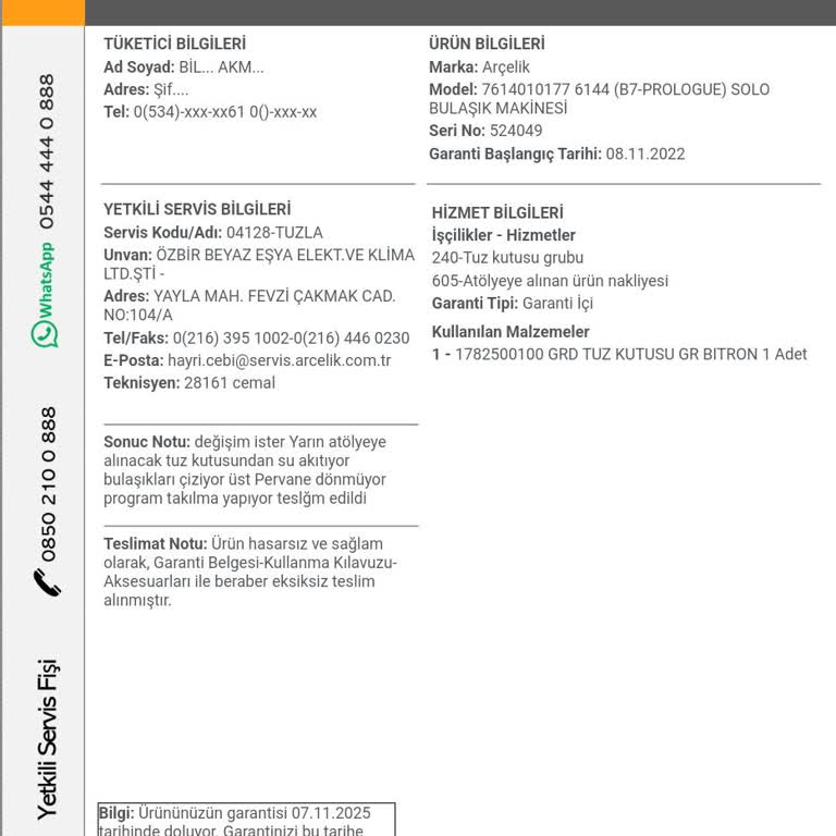 Arçelik Bulaşık Makinesi Üst Pervanesi Dönmüyor