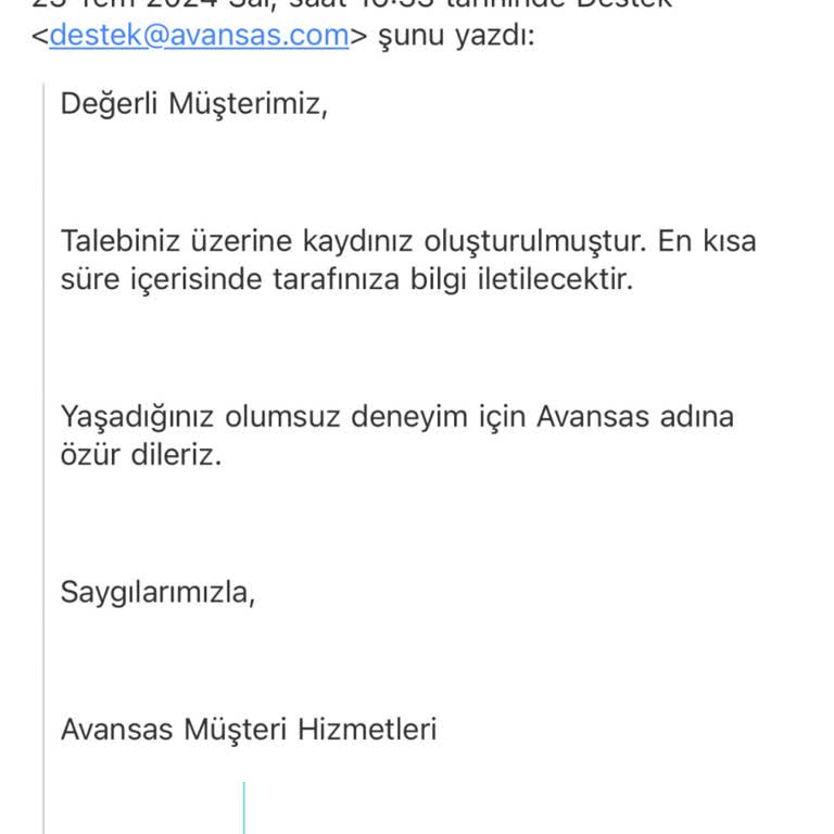 Avansas Siparişlerim Teslim Edilmedi