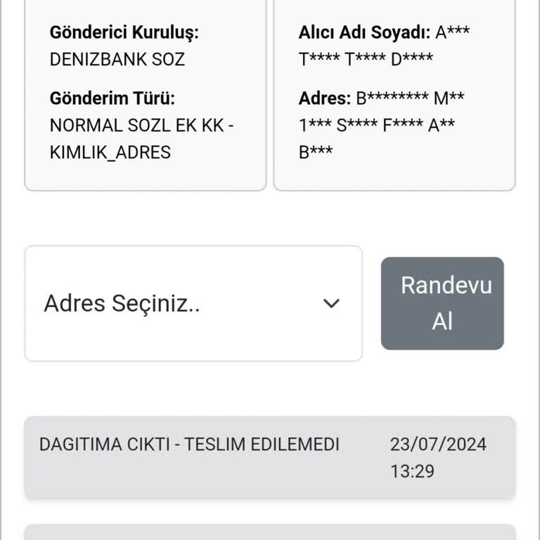 Kuryenet Denizbank Gönderisi Teslim Edilemedi.