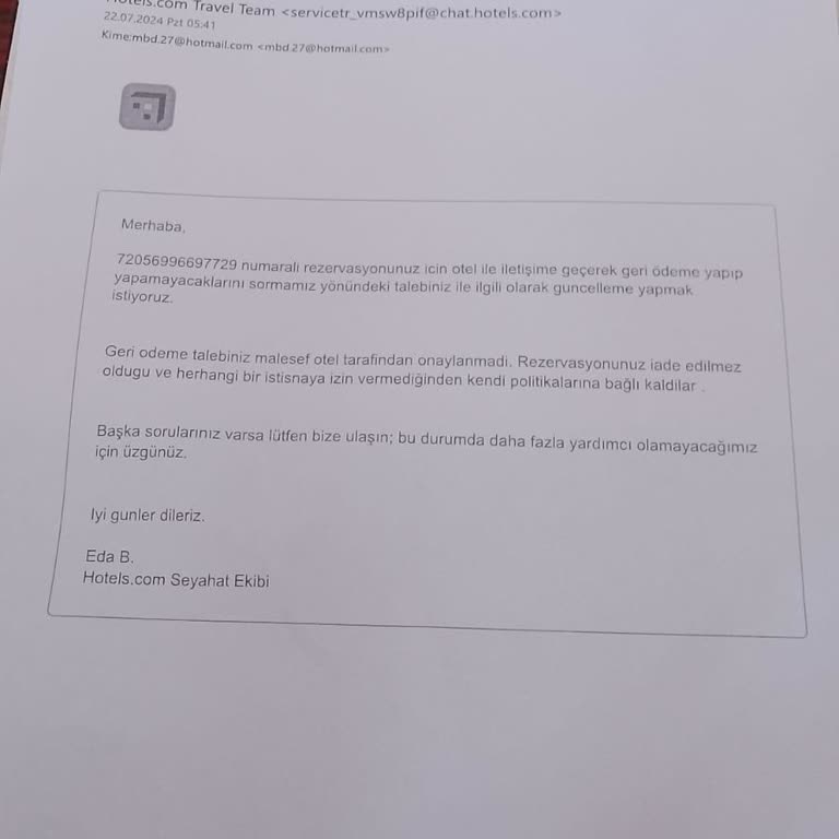 Hotels.com Rezervasyon İptali İçin İtiraz