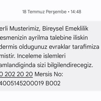 Türkiye Sigorta Türkiye Hayat Emeklilik Ayrılış İçin Verdiğin Başvuru