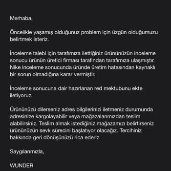 Wunder Kusurlu Ürün Değişimi Yapmaması