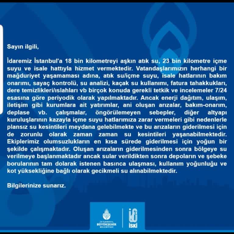 İBB - İstanbul Büyükşehir Belediyesi Velibaba Mah. Su Kesintisi