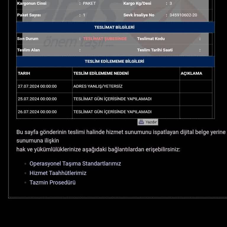 Aras Kargo Tramvay Şubesi Sorumsuzluğu