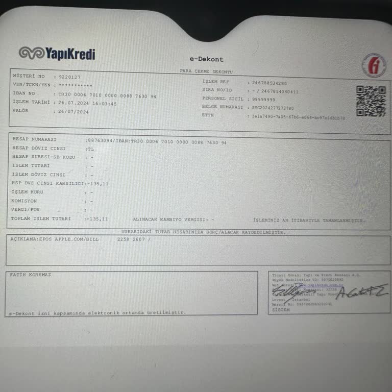 Yapı Kredi Bankası Epos Apple.com/bıll Hesabımdan İzinsiz Çekim Yapmış.
