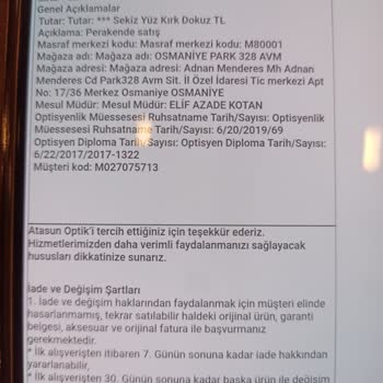 Osmaniye Park328AVM Atasun Optik Garanti Sorunu