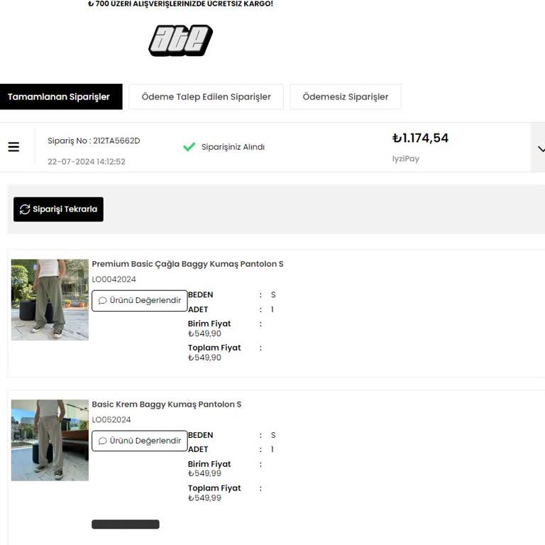 Atewear 1 Haftadır Kargoya Verilmeyen Sipariş