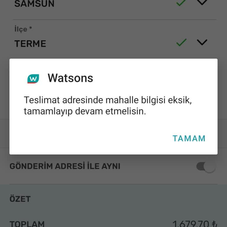 Watsons Adres Kabulünde Hata