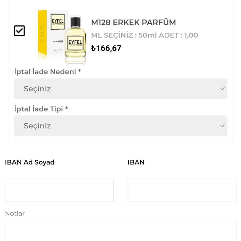 Eyfel Parfüm Sipariş İptali Oluşturamıyorum