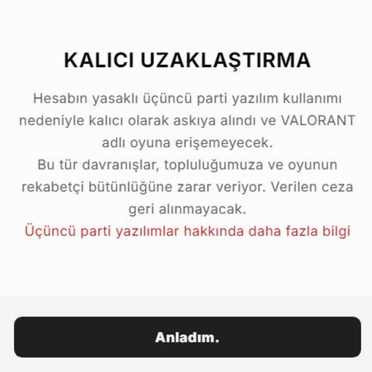 Riot Games Valorant Kalıcı Uzaklaştırma (ban) Yedim