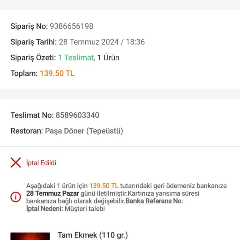 Trendyol Yemek 90 Dakikada Yemek Teslim Edemedi