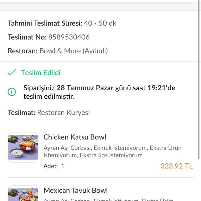 Bowl & More BOWL&MORE Aydınlı Siparişin Gelmemesi