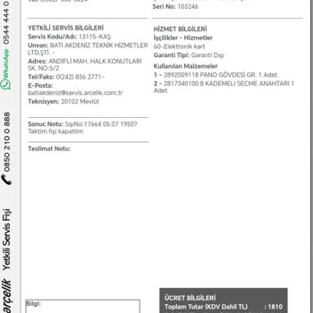 Arçelik Yetkili Servisi Fazla Para Aldı.