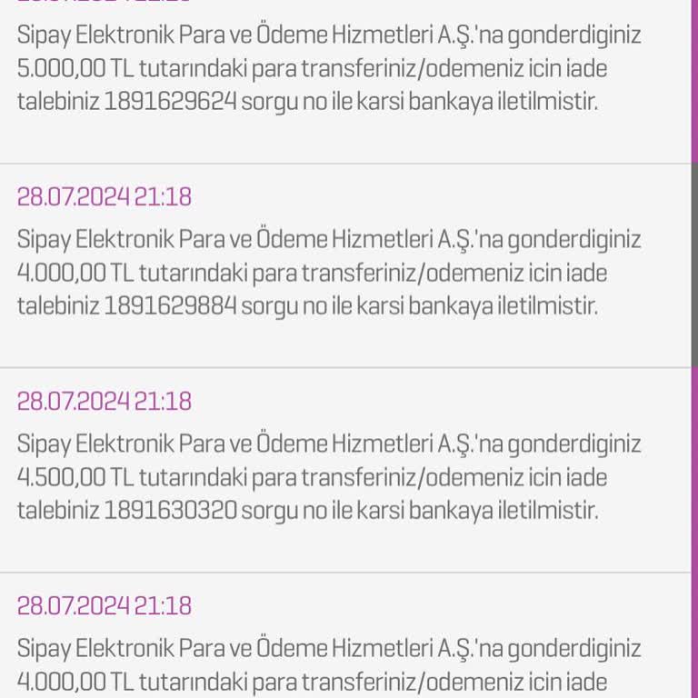 Sipay'a Para Transferi Yaptım. İade Talep Ediyorum