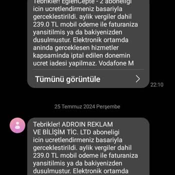 Vodafone Pay Faturama Bilgim Dışında Abonelik Ücreti Yansıtıyor